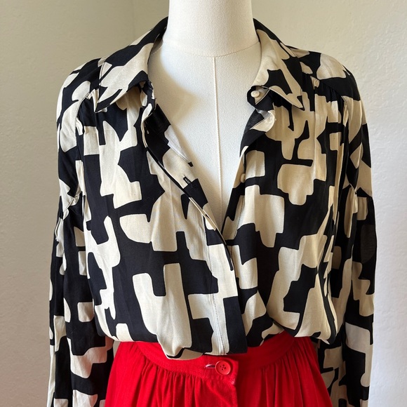 ba&sh Black and Cream Graphic Button Down Blouse - Picture 3 of 5